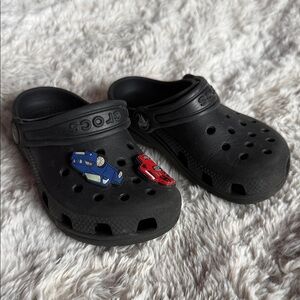 CROCS Kids Black Sandals with Blue and Red Car Charms 9c